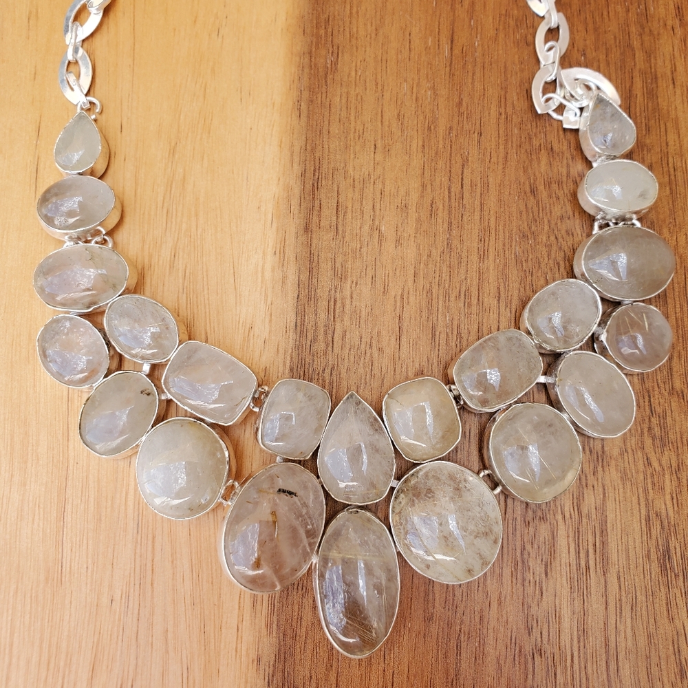 New Stunning Oversized Golden Rutile Silver Statement Necklace.